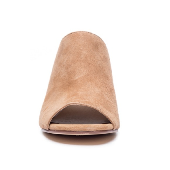 Champagne Suede Peep Toe Block Heel Slip On Mule - Picture 3 of 4